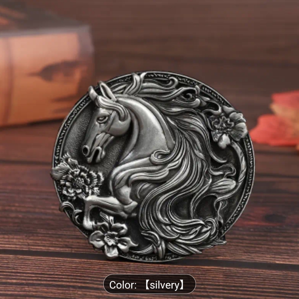 Western Horse Belt Buckle Antique Silver Tone Floral Equestrian Design, T3MISB5A